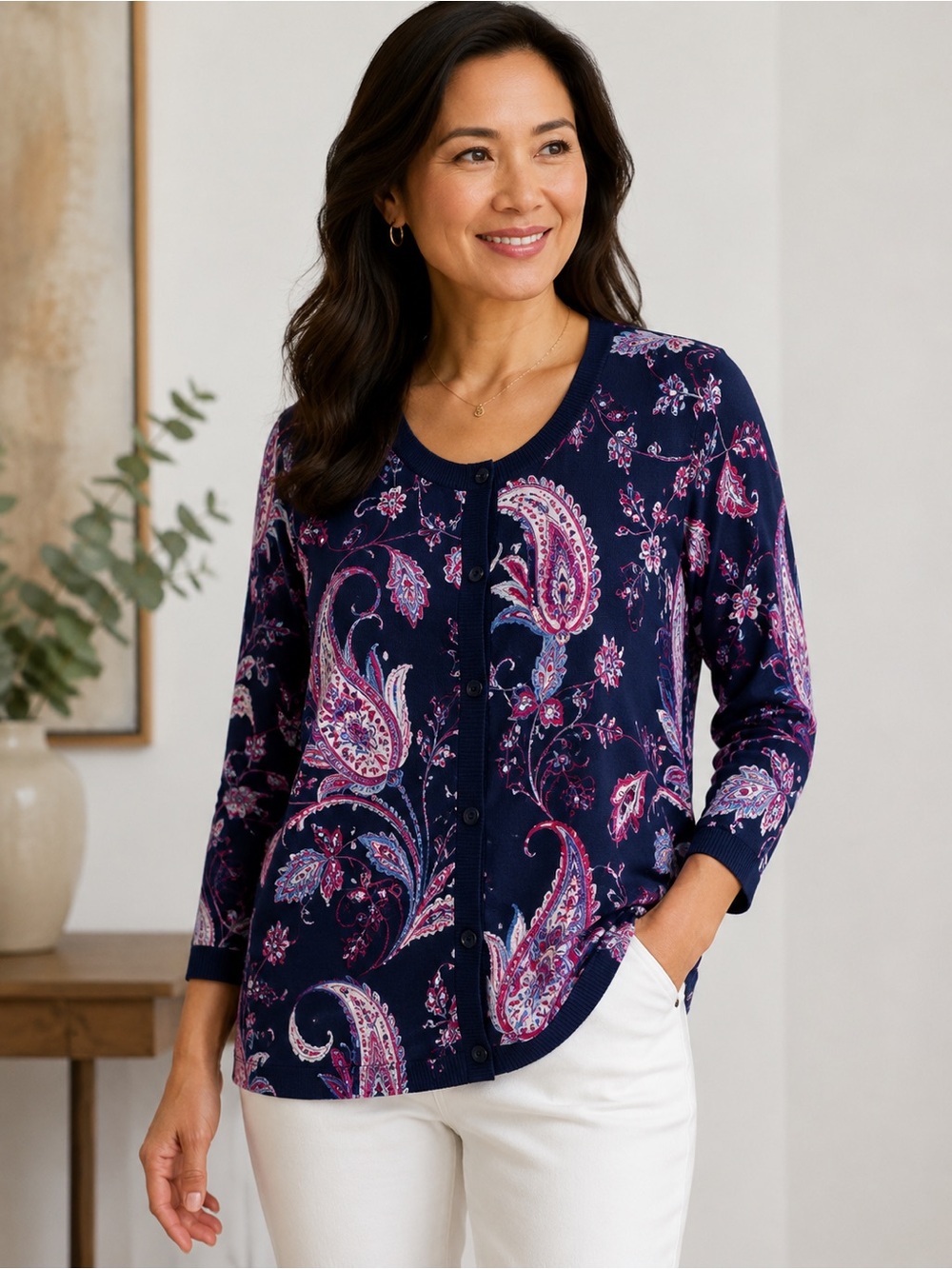 Talbots Petite XLP Navy Paisley Floral Button Front Cardigan Cotton Rayon